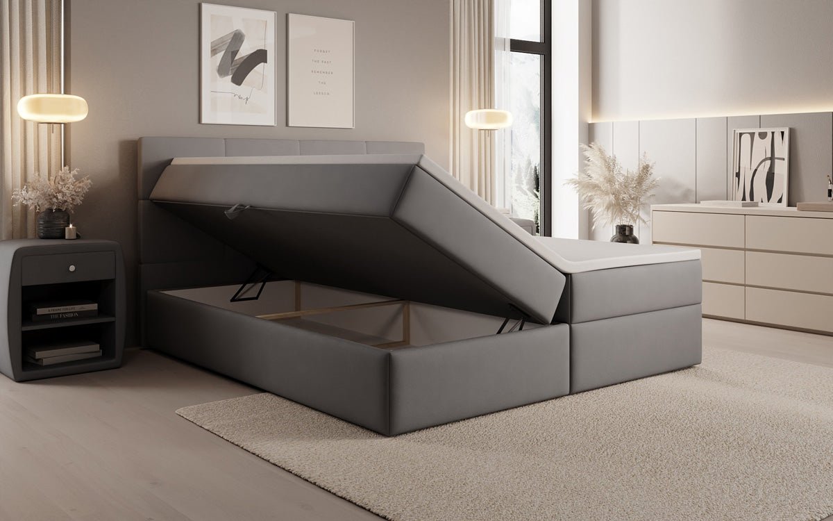 Lit boxspring Levi en tissu avec rangement