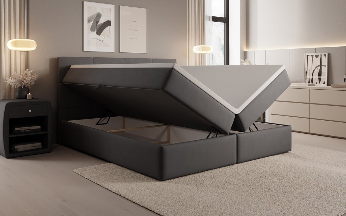 Lit boxspring Levi en tissu avec rangement