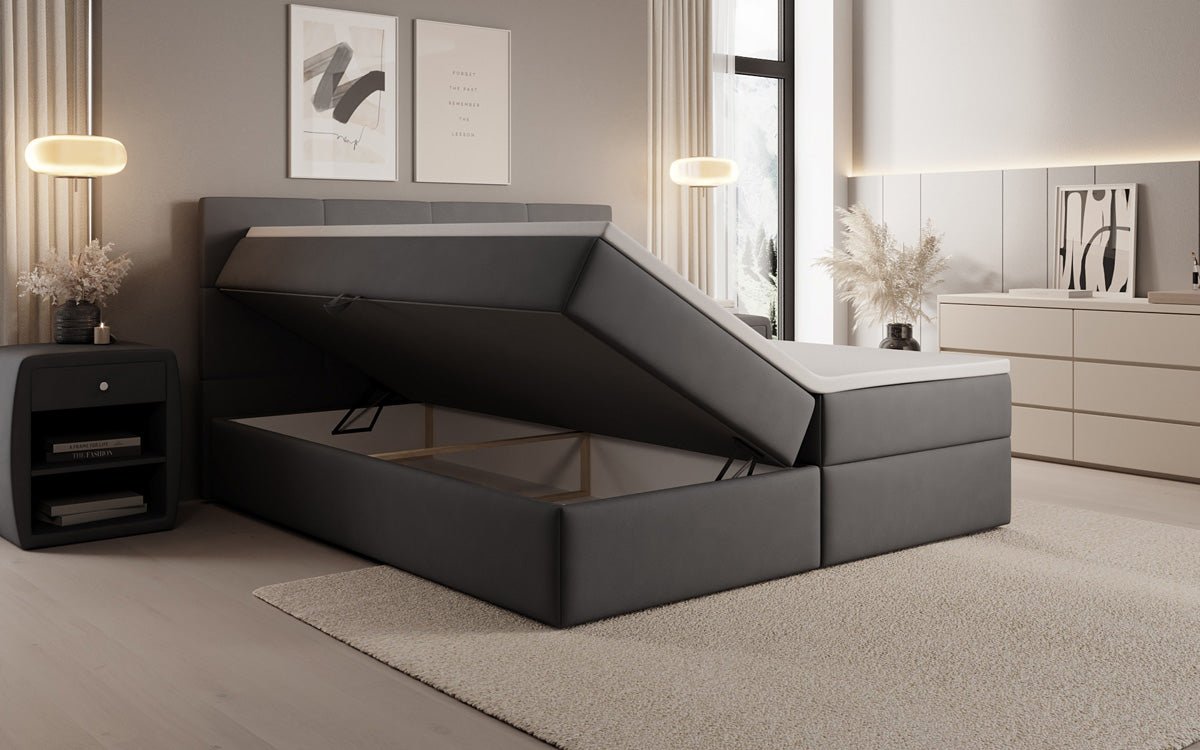 Lit boxspring Levi en tissu avec rangement