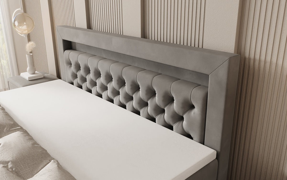 Lit boxspring Menzogna avec effet suspendu et LED en Velours