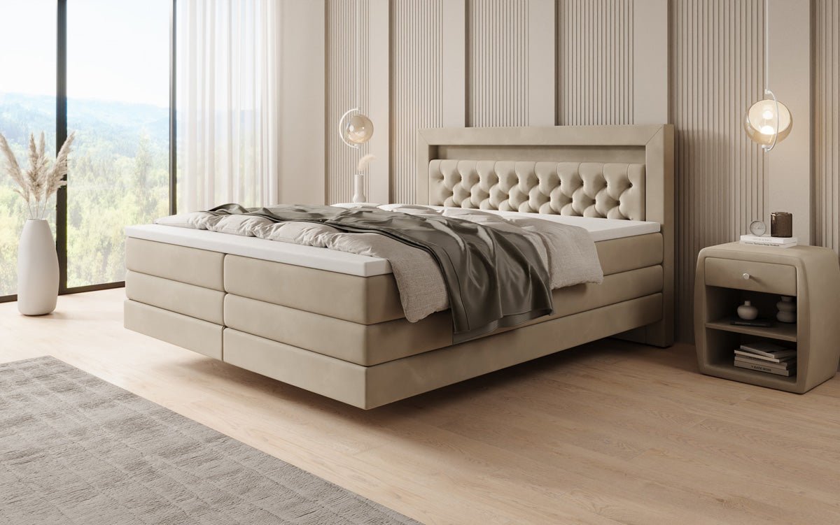 Lit boxspring Menzogna avec effet suspendu et LED en Velours