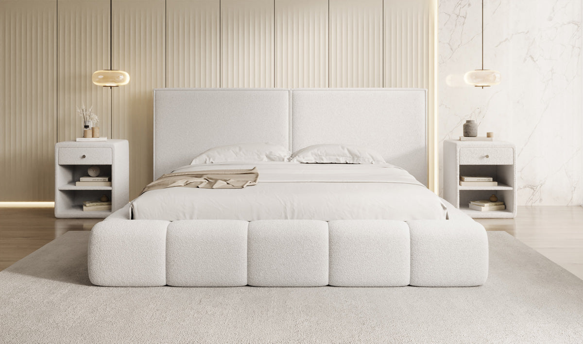 Designer upholstered bed Elise in teddy bouclé with storage