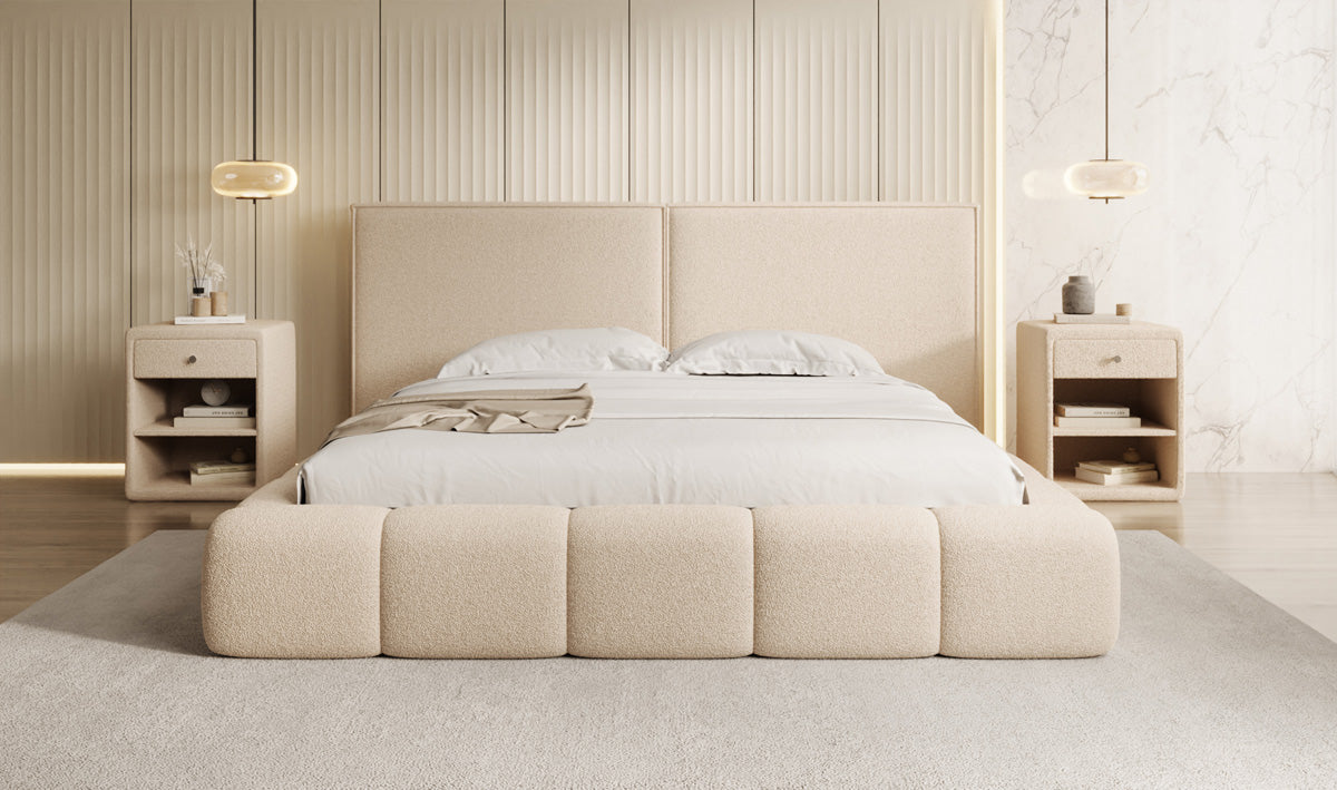 Designer upholstered bed Elise in teddy bouclé with storage