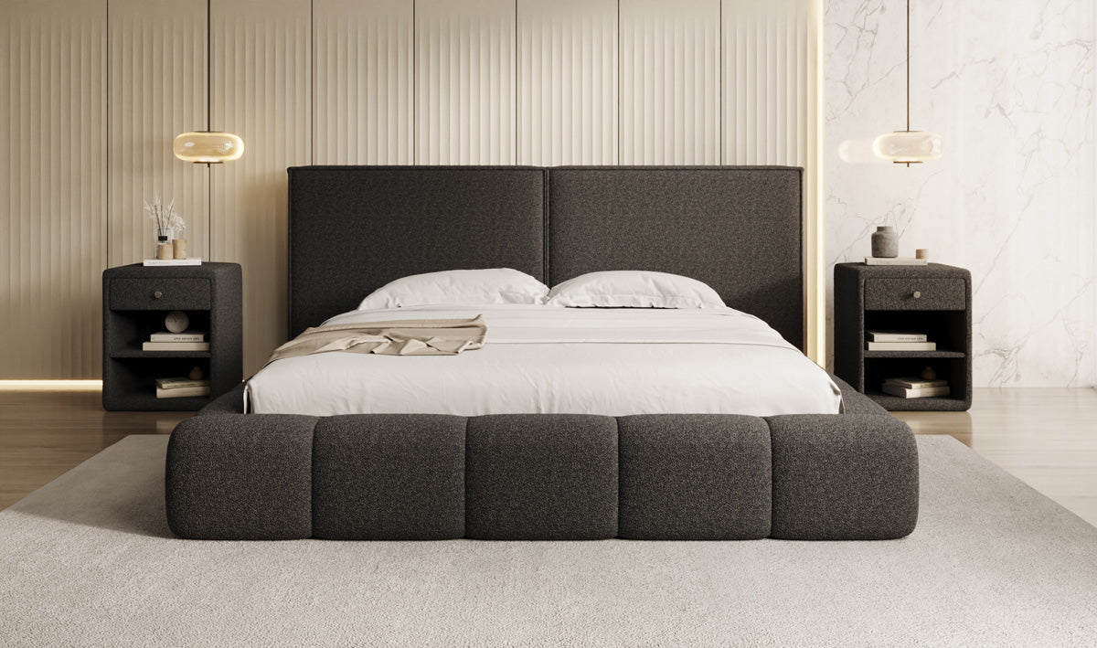 Designer upholstered bed Elise in teddy bouclé with storage