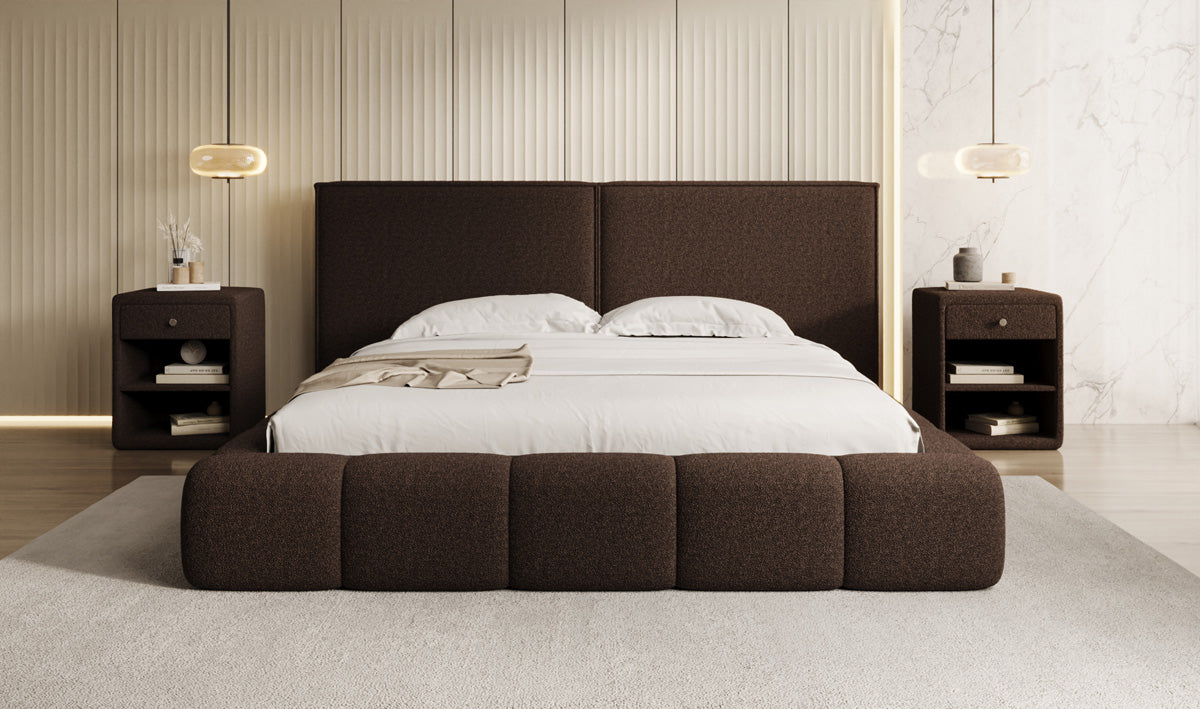 Designer upholstered bed Elise in teddy bouclé with storage