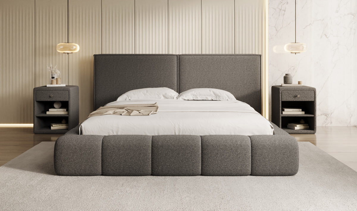 Designer upholstered bed Elise in teddy bouclé with storage