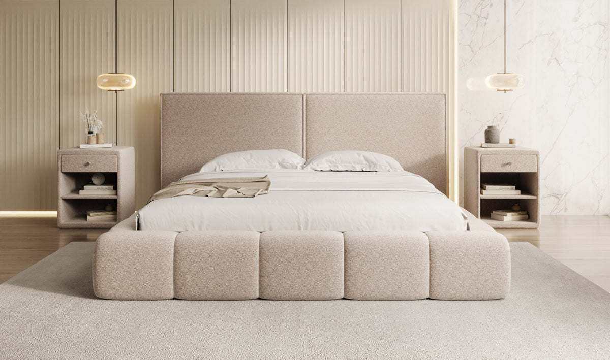 Designer upholstered bed Elise in textured fabric with storage space