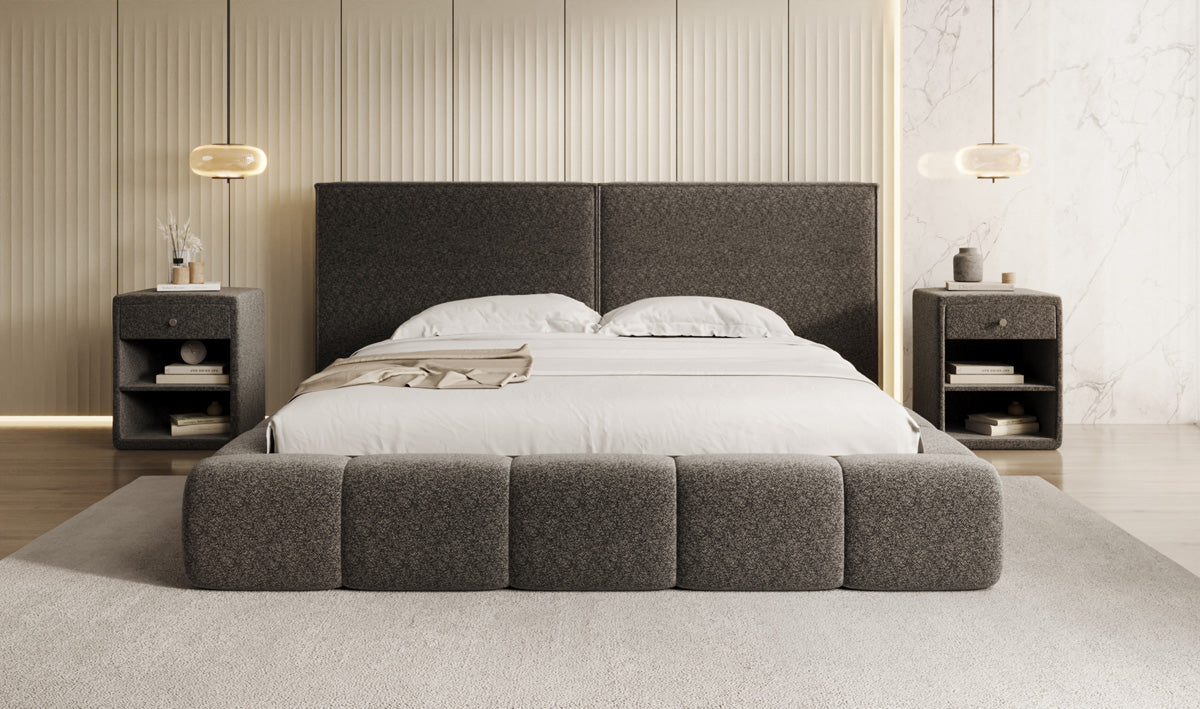 Designer upholstered bed Elise in textured fabric with storage space