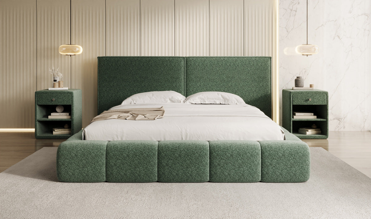 Designer upholstered bed Elise in textured fabric with storage space