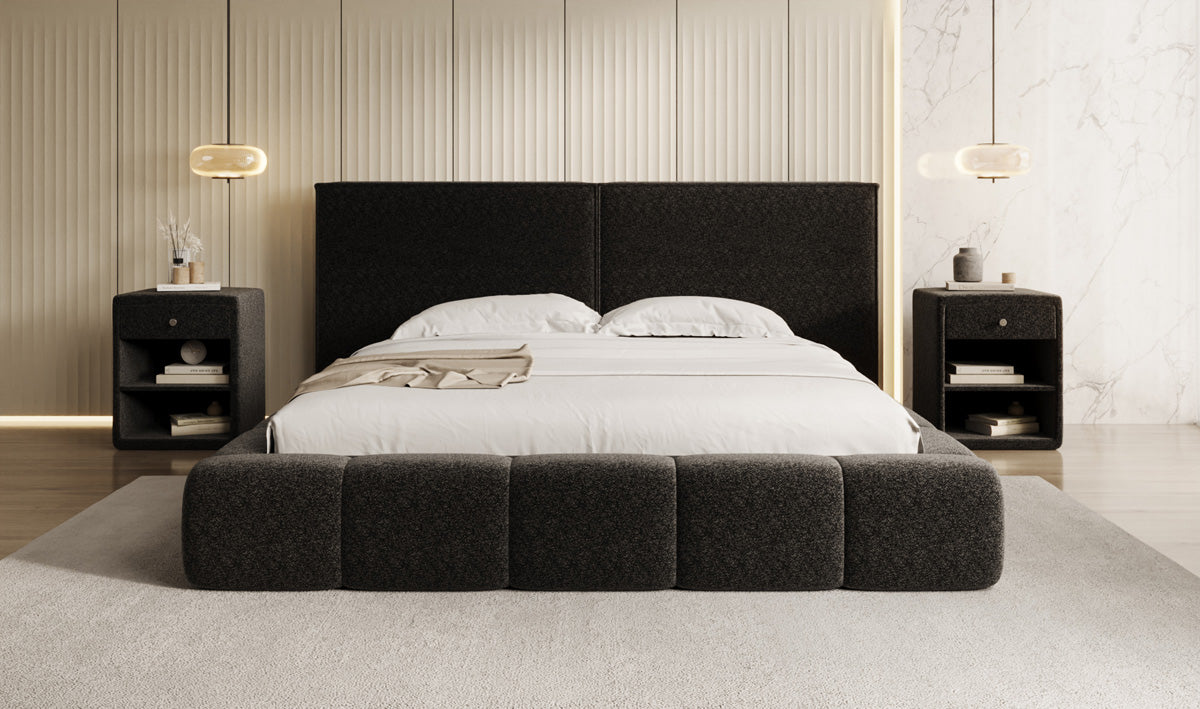 Designer upholstered bed Elise in textured fabric with storage space