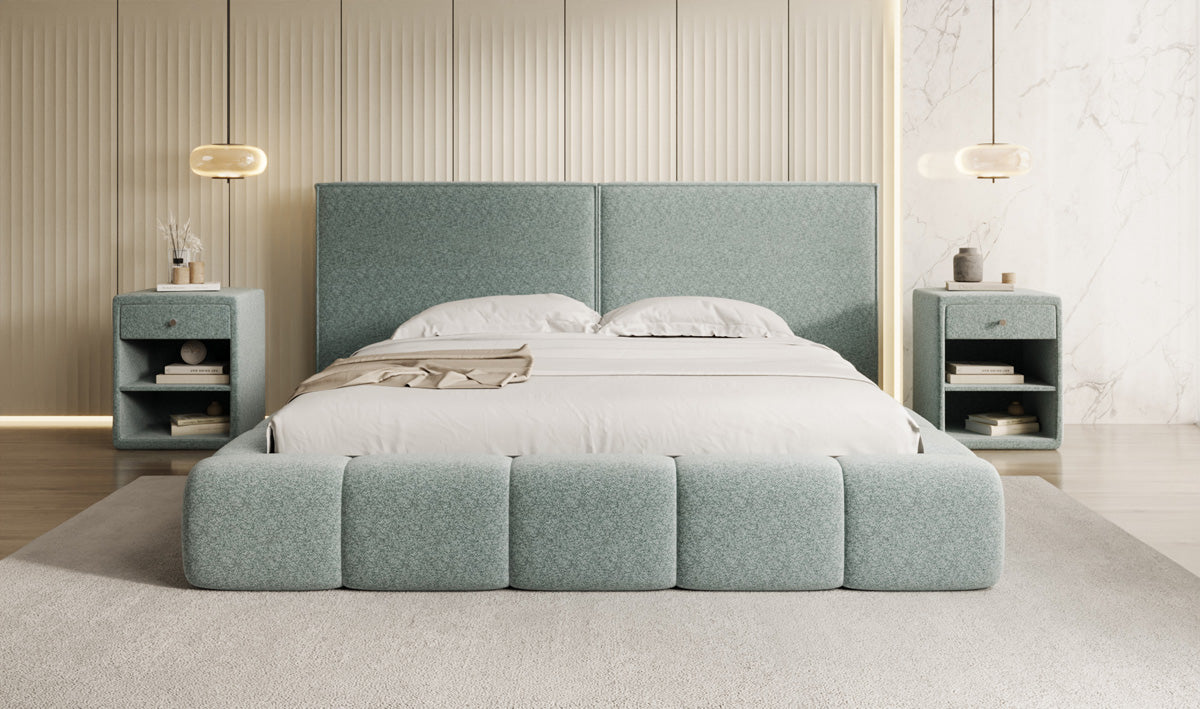 Designer upholstered bed Elise in textured fabric with storage space