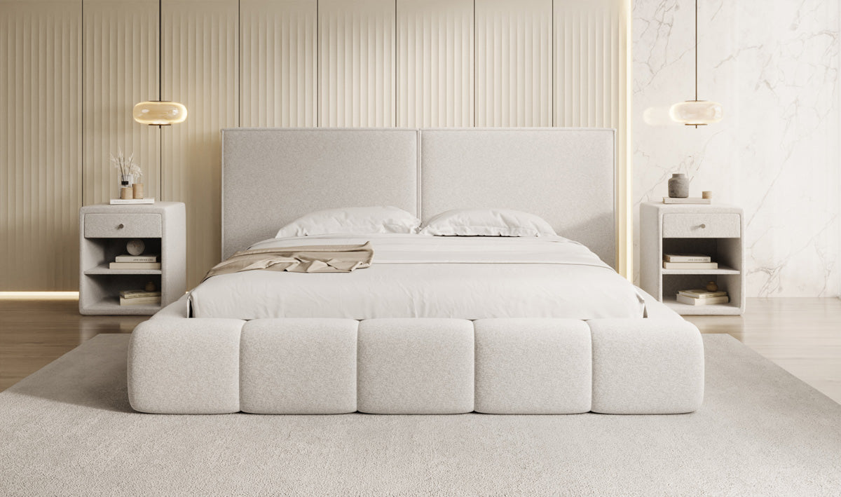 Designer upholstered bed Elise in textured fabric with storage space