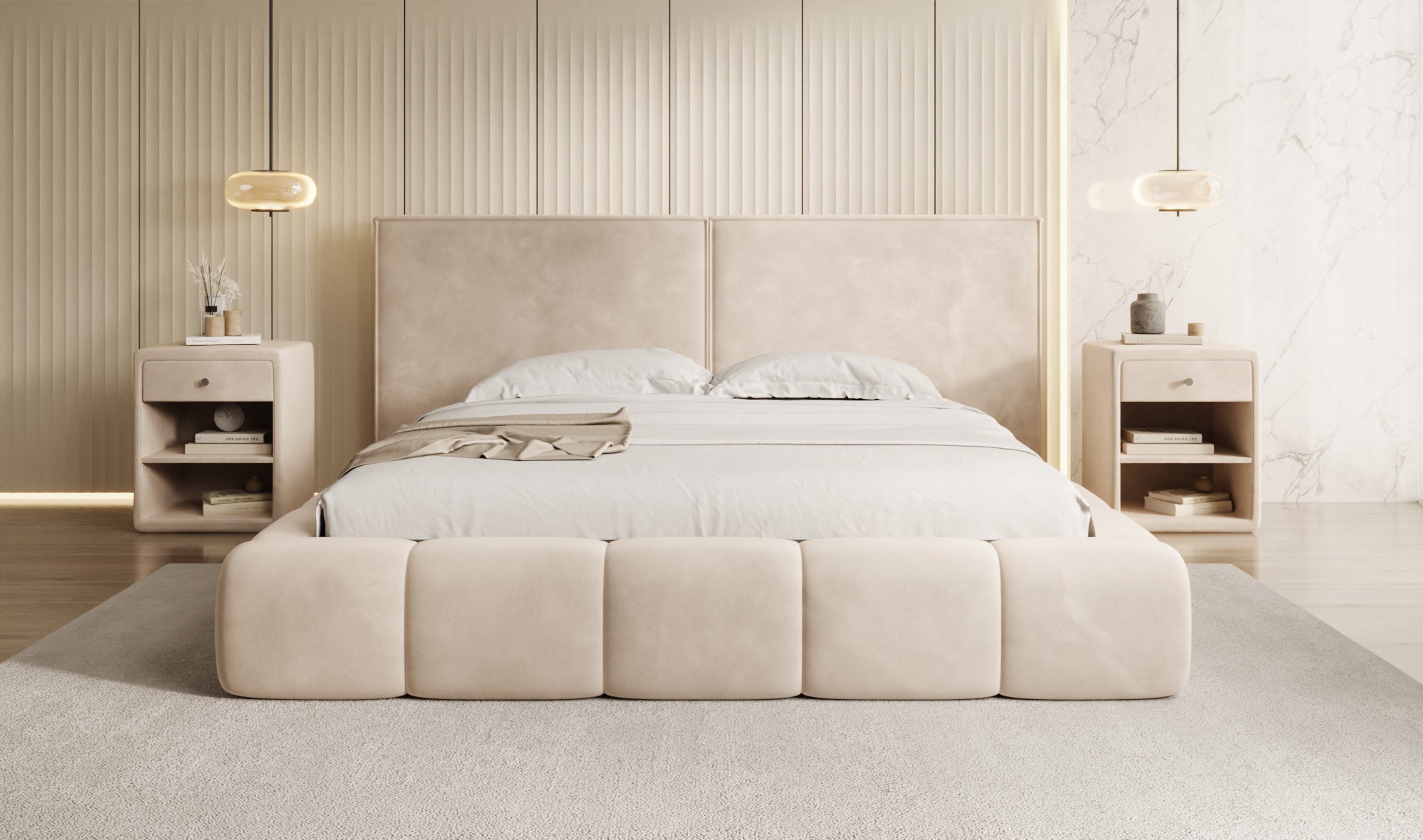 Designer upholstered bed Elise in velvet with storage