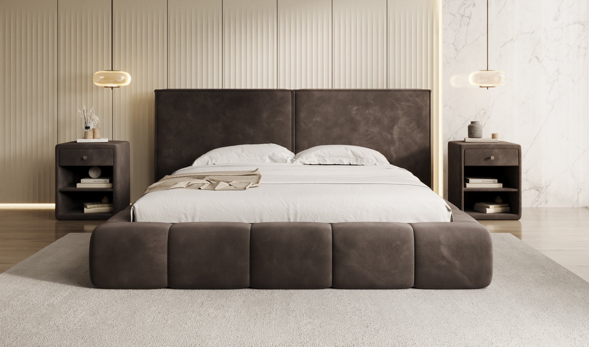 Designer upholstered bed Elise in velvet with storage