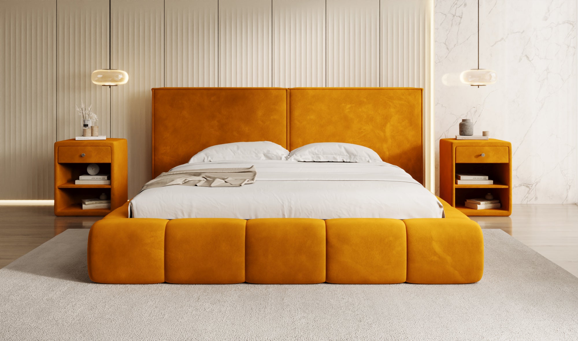 Designer upholstered bed Elise in velvet with storage