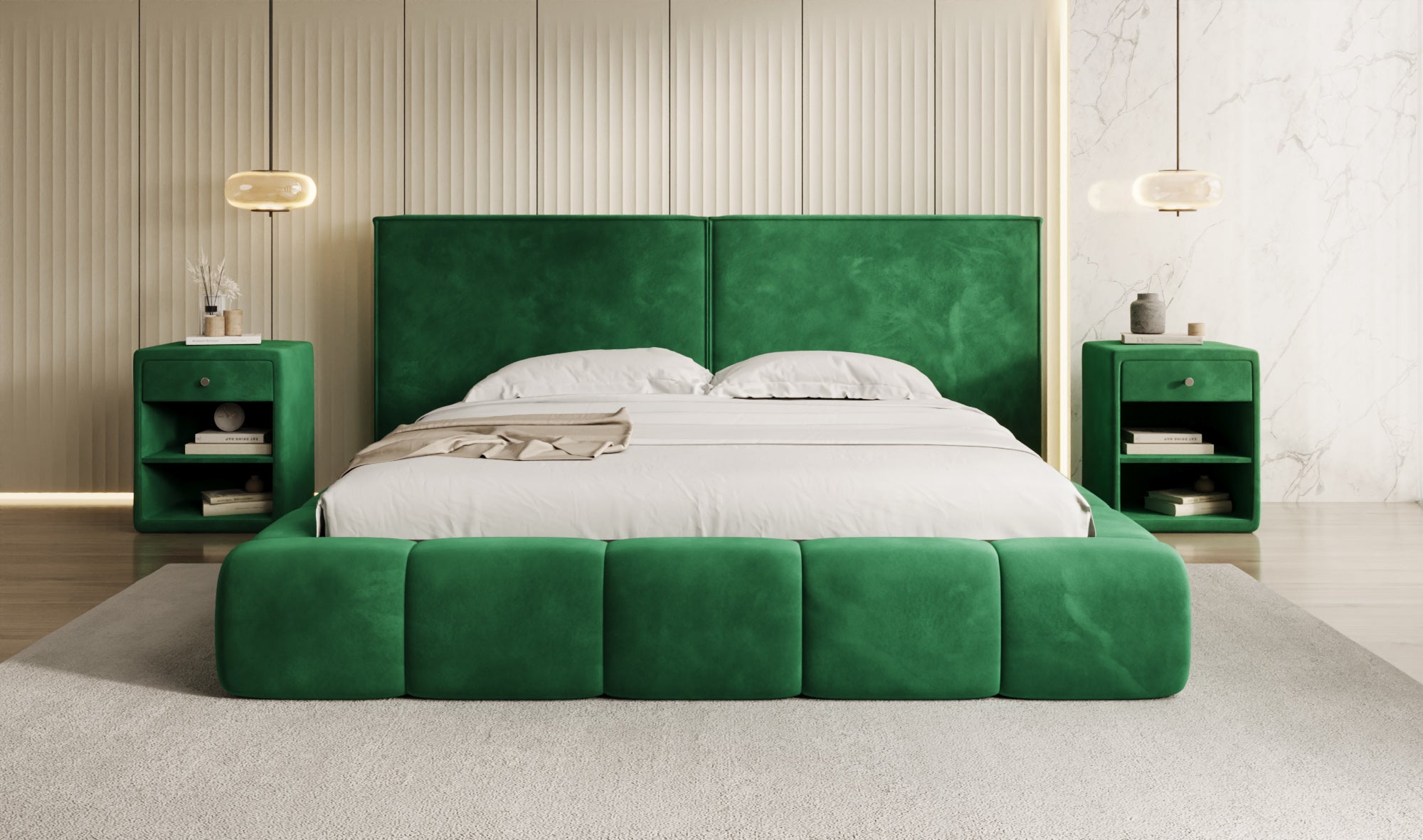 Designer upholstered bed Elise in velvet with storage