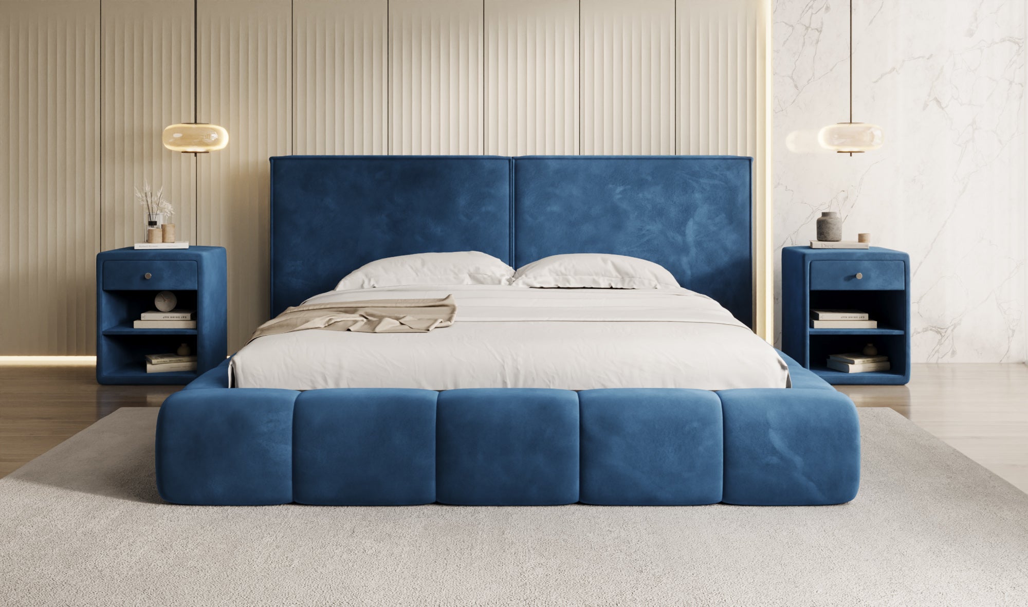 Designer upholstered bed Elise in velvet with storage
