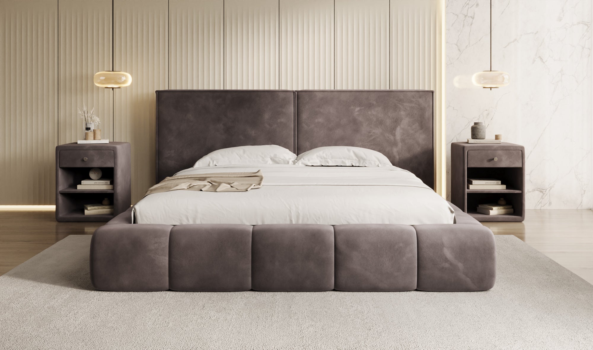 Designer upholstered bed Elise in velvet with storage