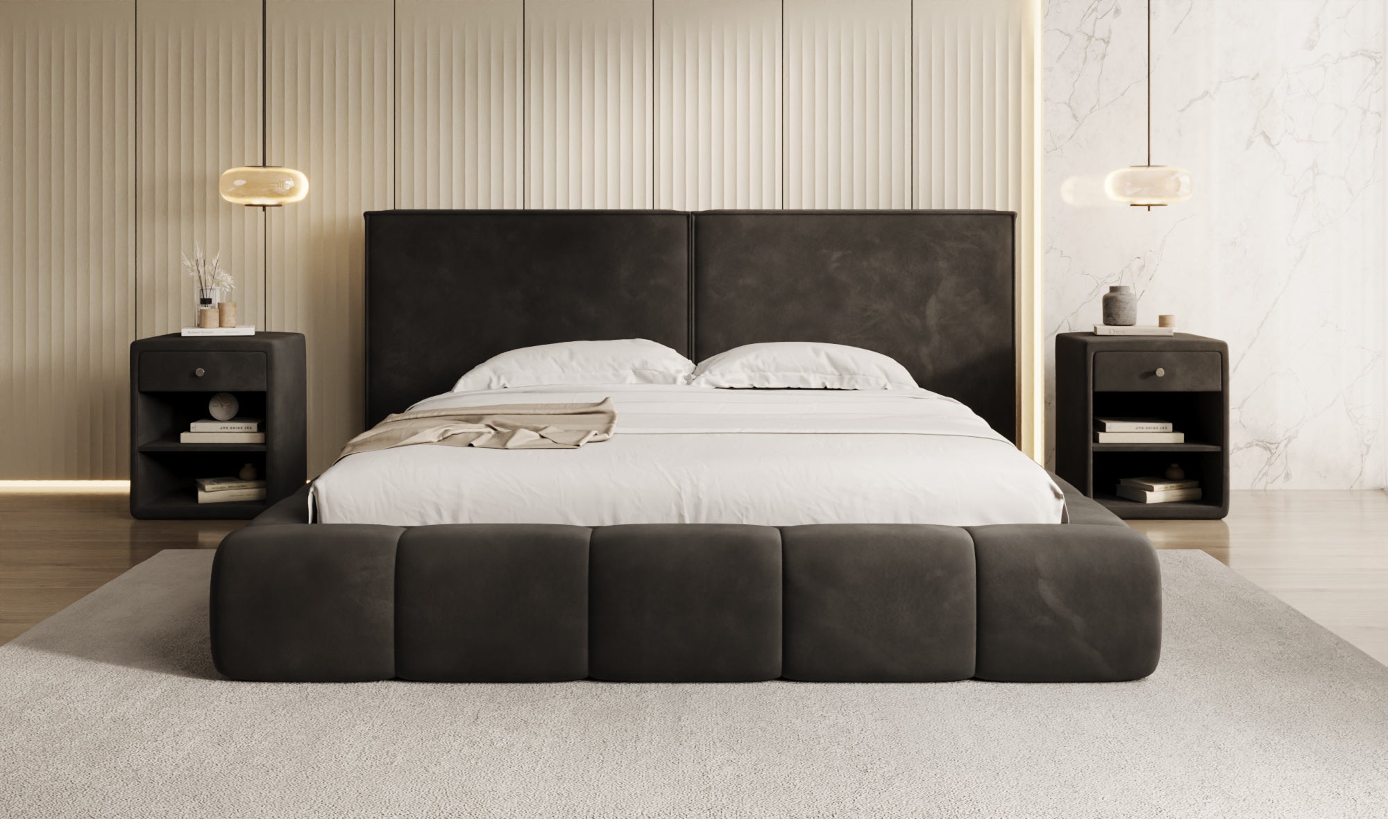 Designer upholstered bed Elise in velvet with storage