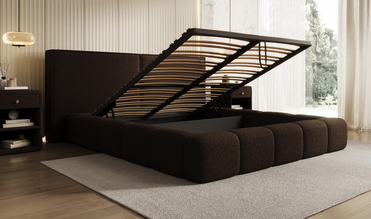 Designer upholstered bed Elise in teddy bouclé with storage