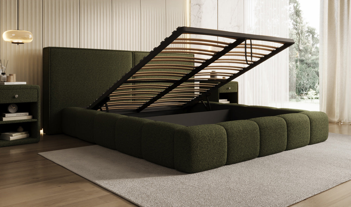 Designer upholstered bed Elise in teddy bouclé with storage