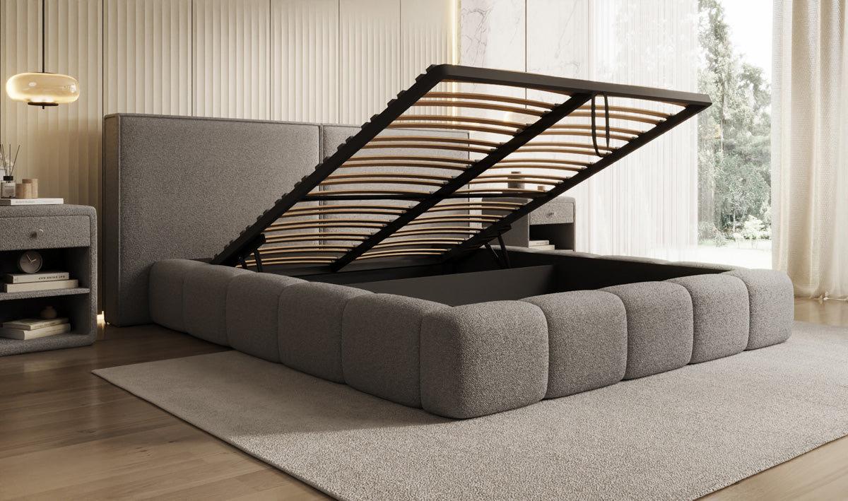 Designer upholstered bed Elise in teddy bouclé with storage