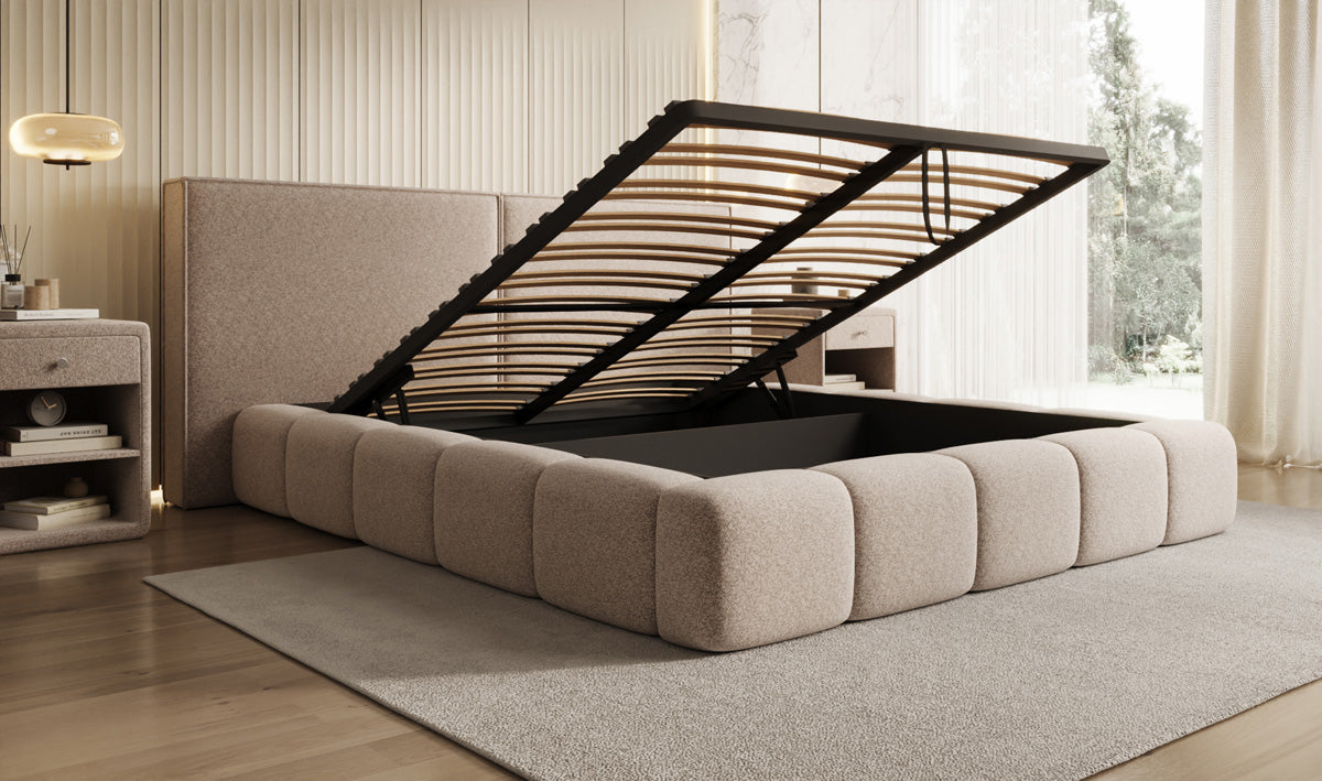 Designer upholstered bed Elise in textured fabric with storage space