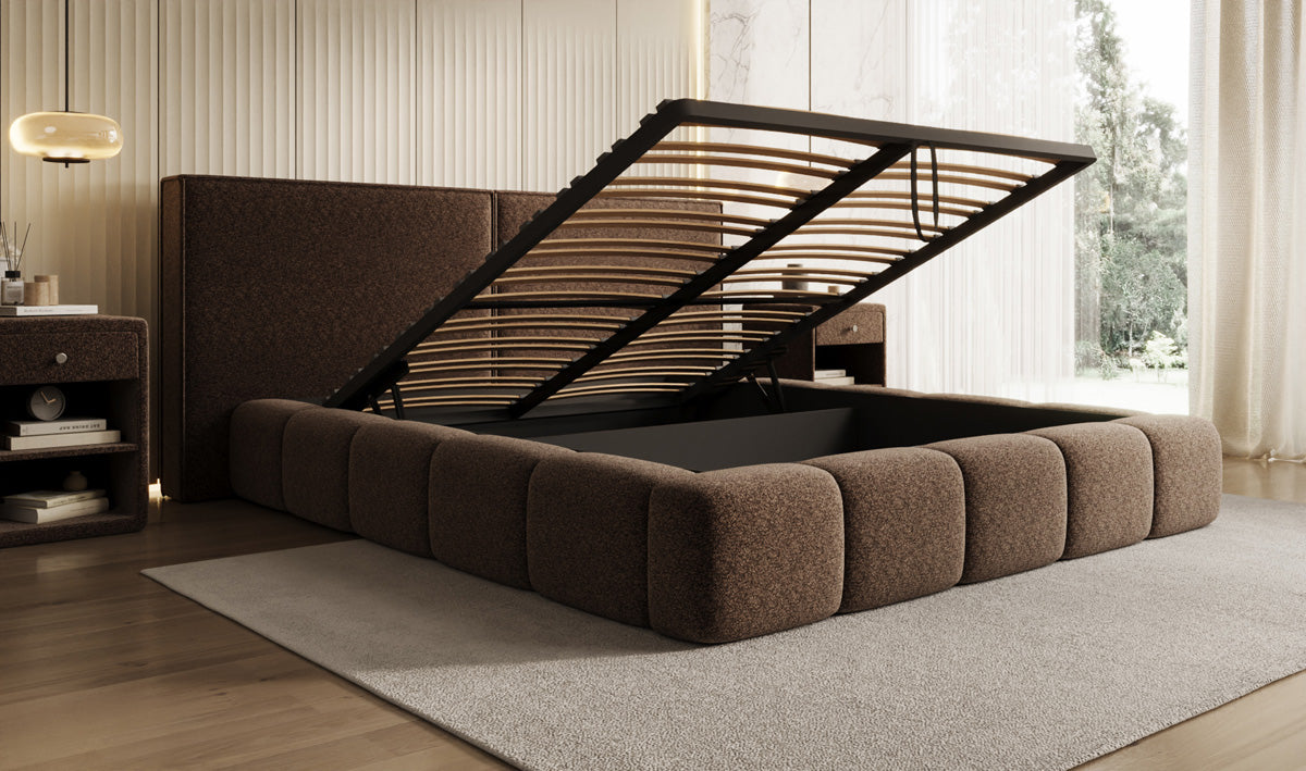 Designer upholstered bed Elise in textured fabric with storage space