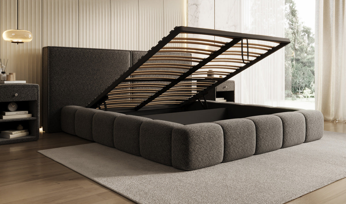 Designer upholstered bed Elise in textured fabric with storage space