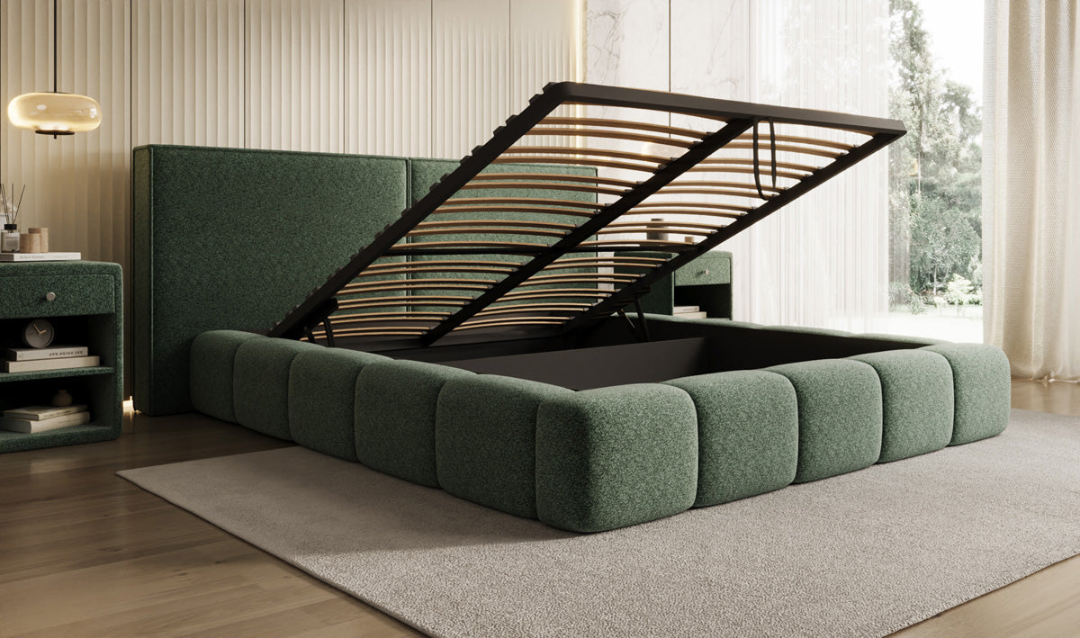 Designer upholstered bed Elise in textured fabric with storage space