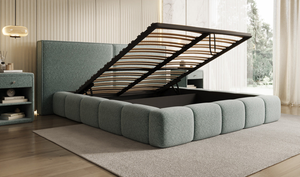 Designer upholstered bed Elise in textured fabric with storage space