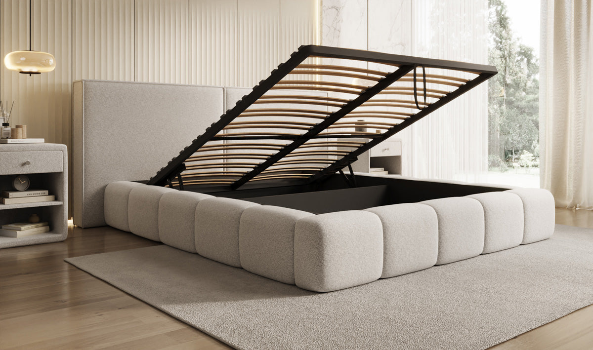 Designer upholstered bed Elise in textured fabric with storage space