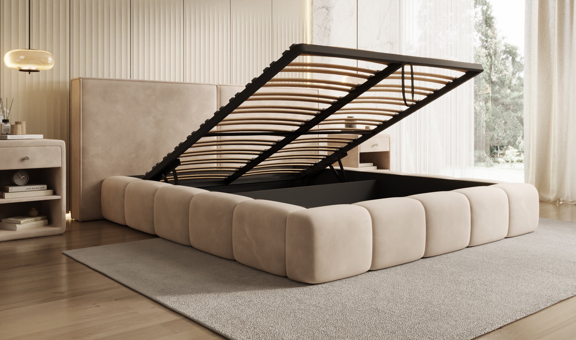 Designer upholstered bed Elise in velvet with storage