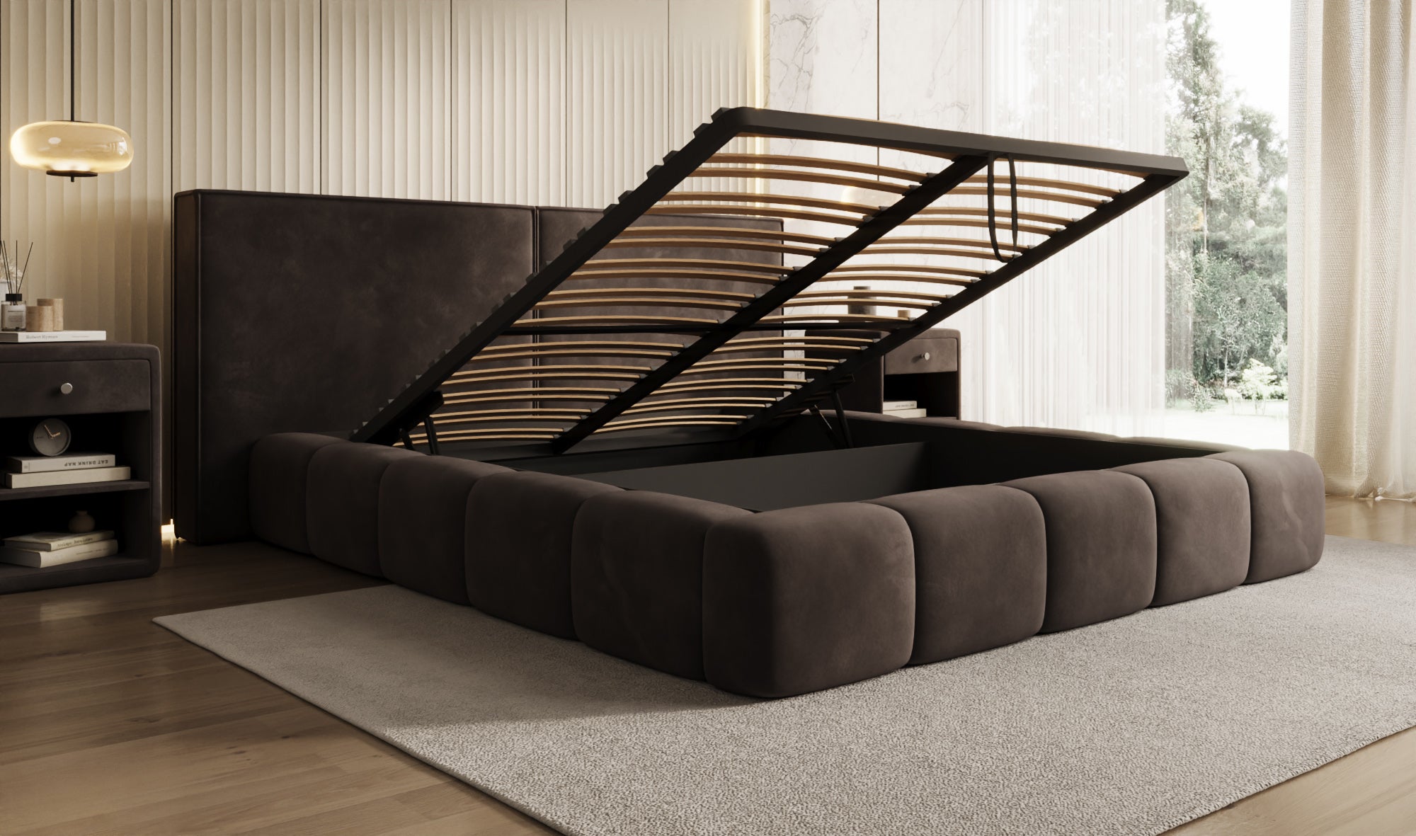 Designer upholstered bed Elise in velvet with storage