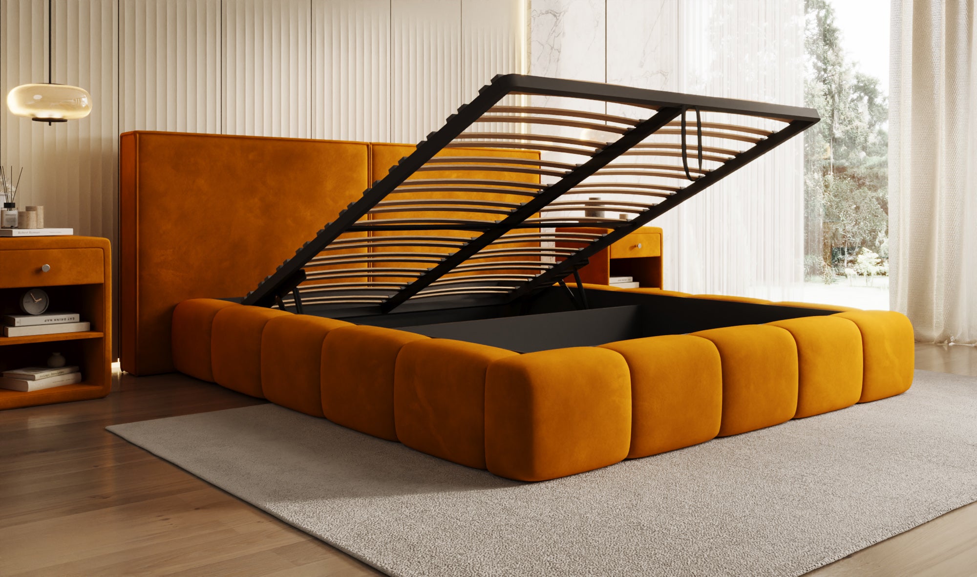 Designer upholstered bed Elise in velvet with storage