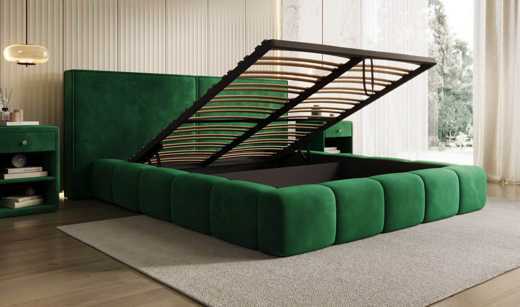 Designer upholstered bed Elise in velvet with storage