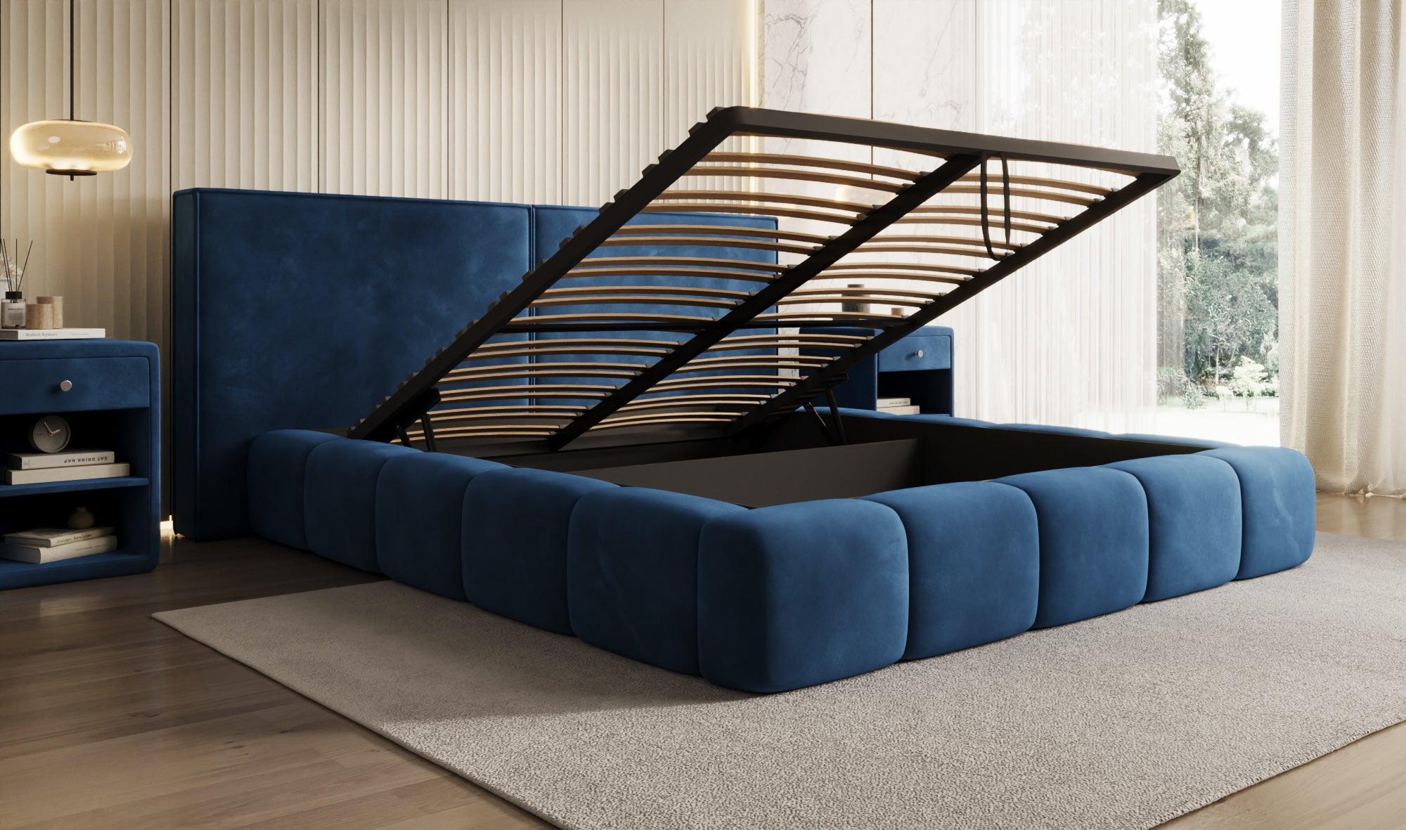 Designer upholstered bed Elise in velvet with storage