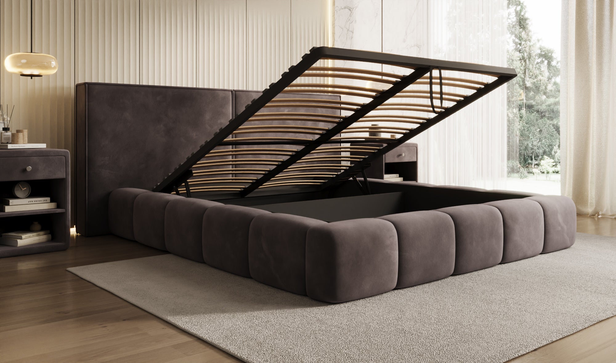 Designer upholstered bed Elise in velvet with storage