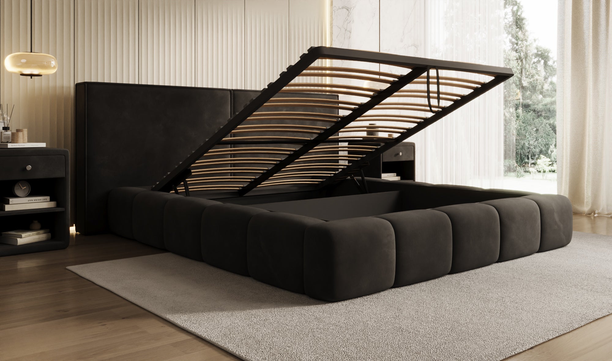 Designer upholstered bed Elise in velvet with storage