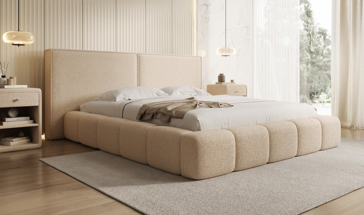 Designer upholstered bed Elise in teddy bouclé with storage