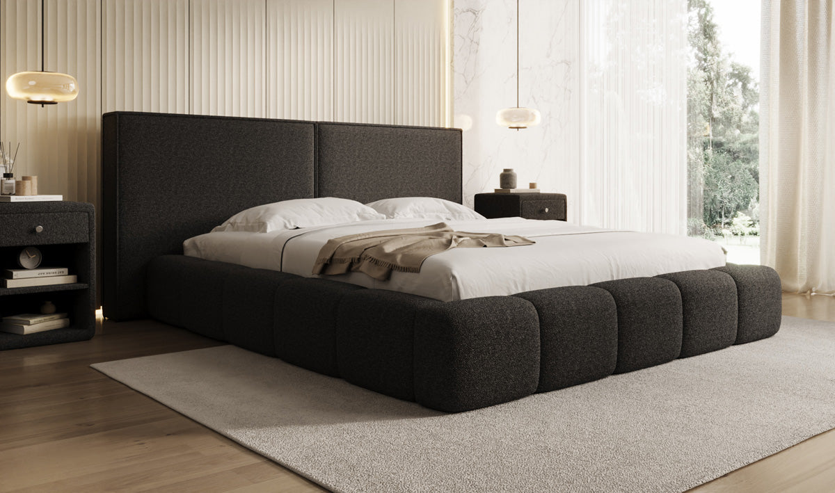 Designer upholstered bed Elise in teddy bouclé with storage