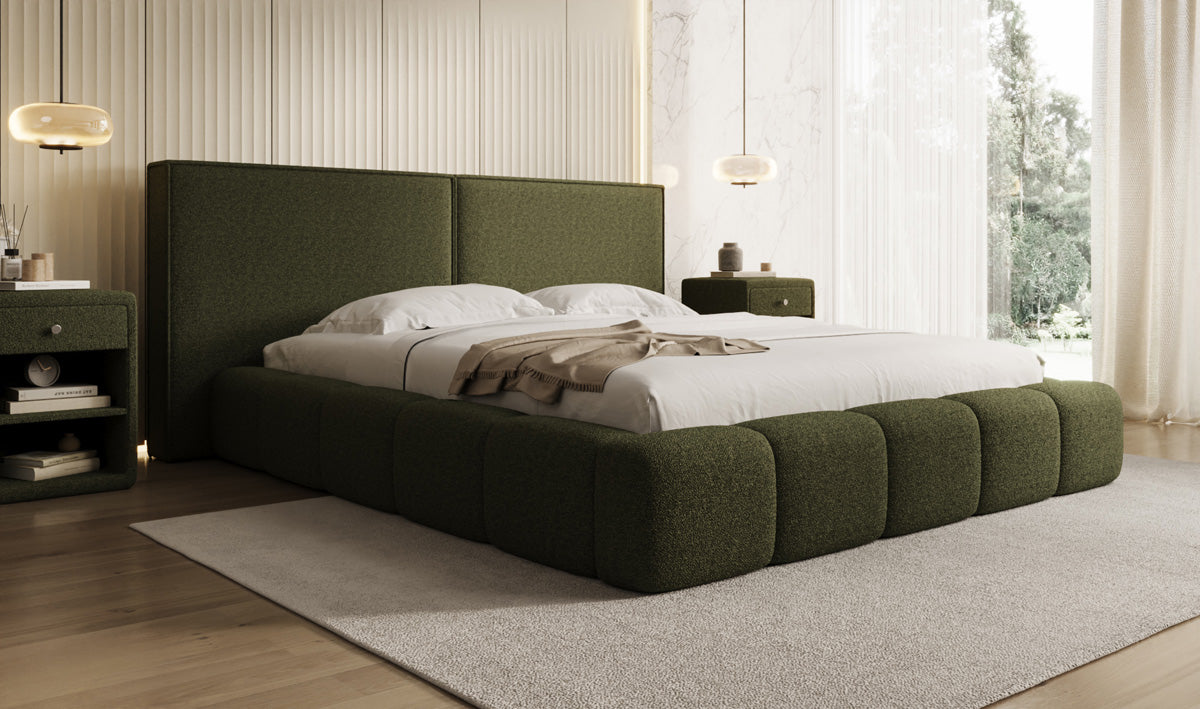 Designer upholstered bed Elise in teddy bouclé with storage