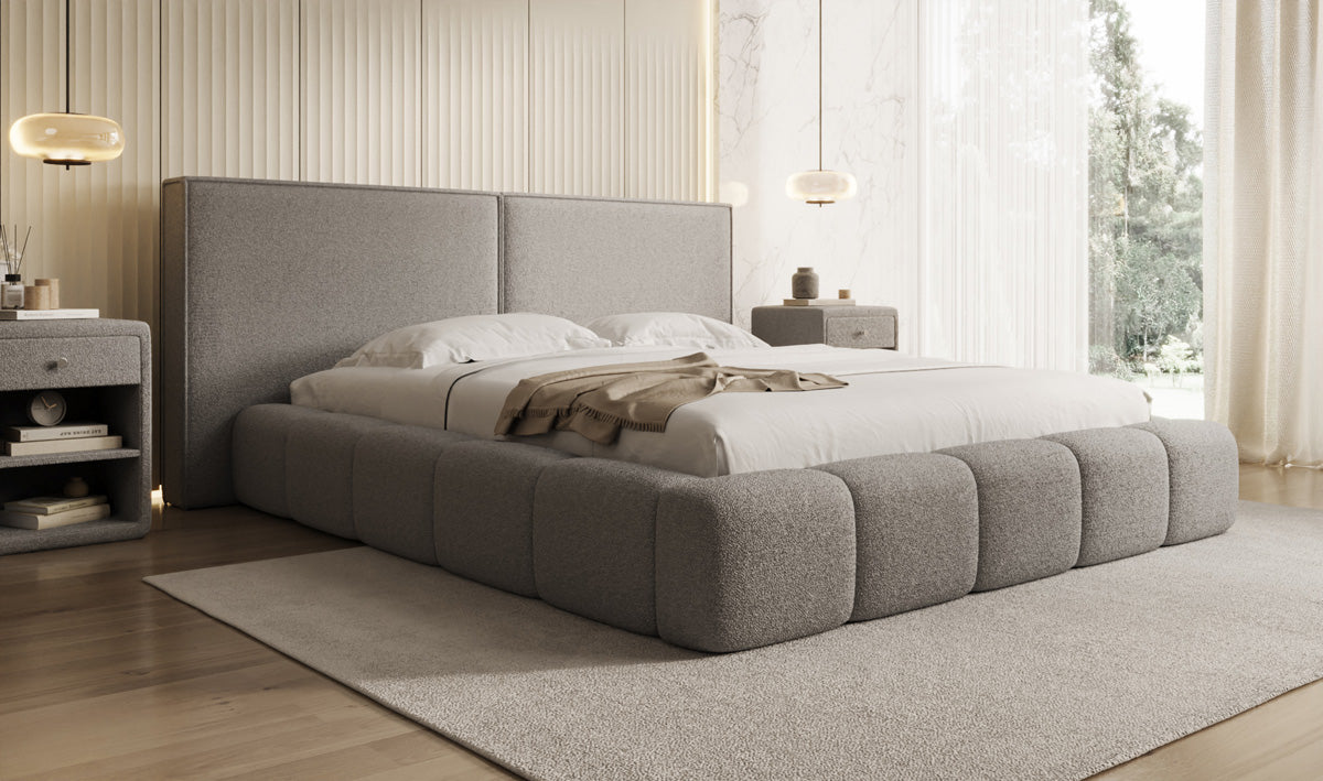 Designer upholstered bed Elise in teddy bouclé with storage