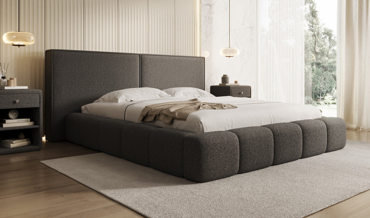Designer upholstered bed Elise in teddy bouclé with storage