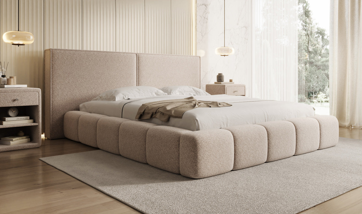 Designer upholstered bed Elise in textured fabric with storage space