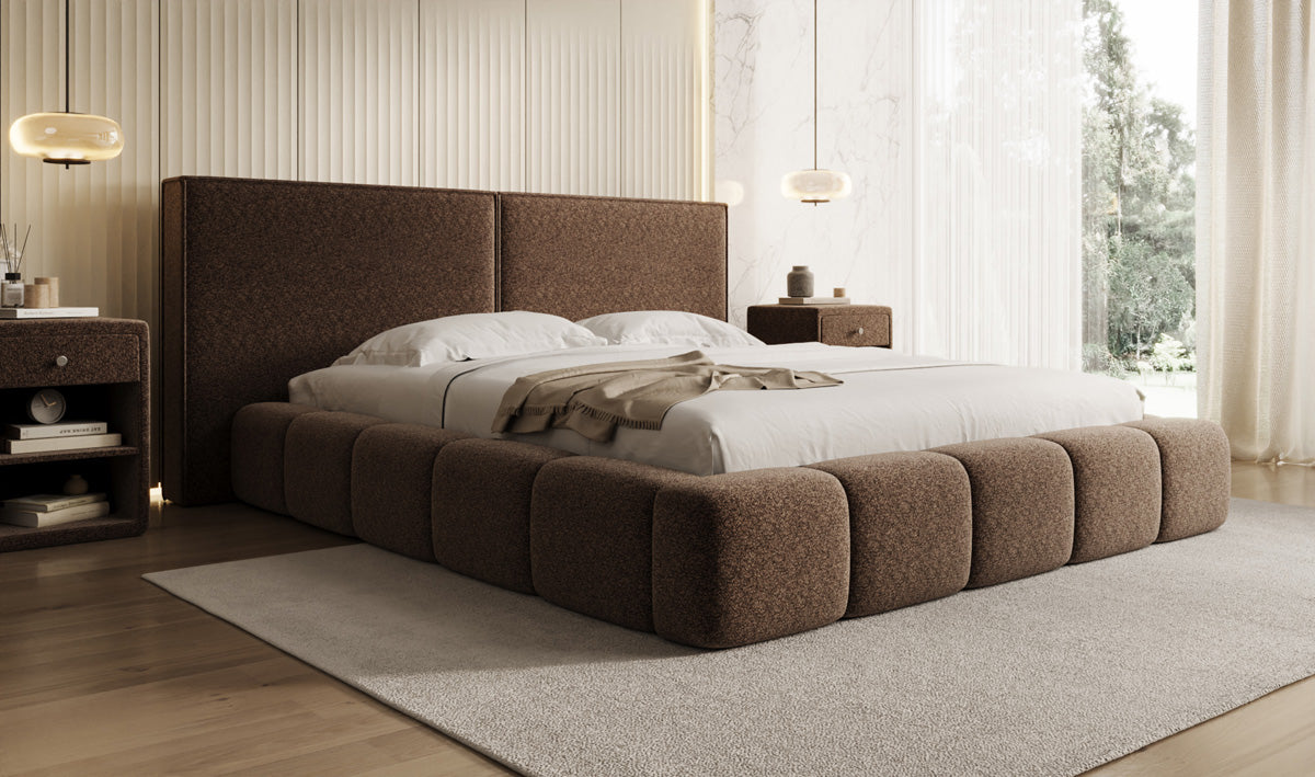 Designer upholstered bed Elise in textured fabric with storage space