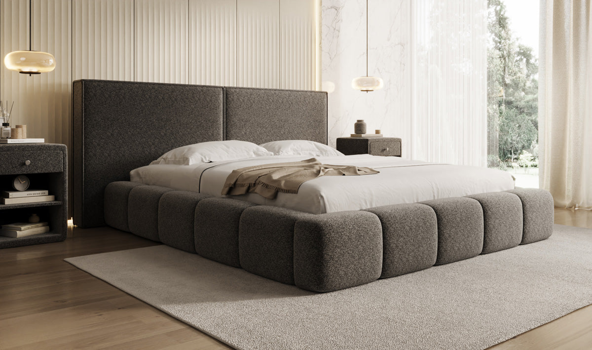 Designer upholstered bed Elise in textured fabric with storage space