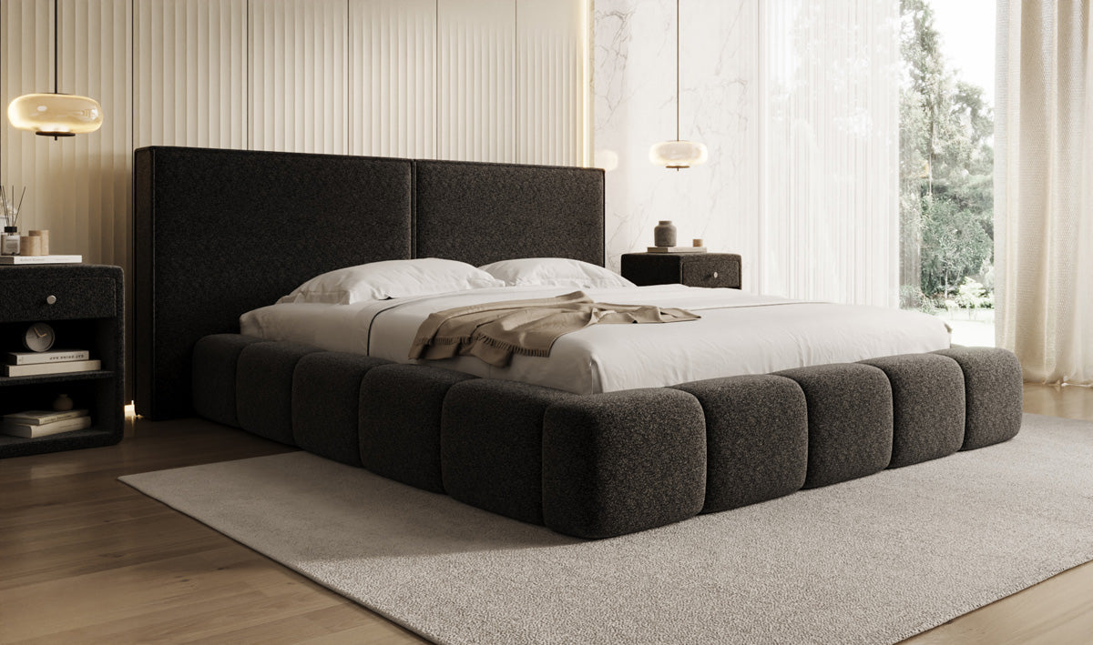 Designer upholstered bed Elise in textured fabric with storage space