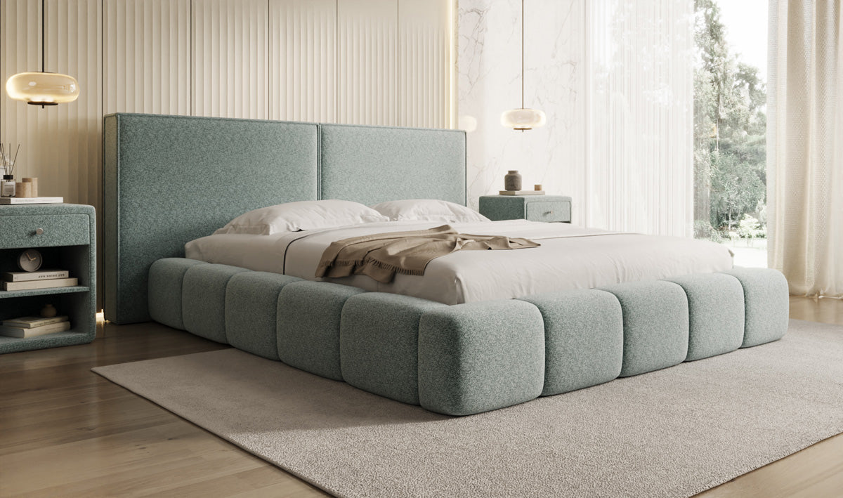 Designer upholstered bed Elise in textured fabric with storage space