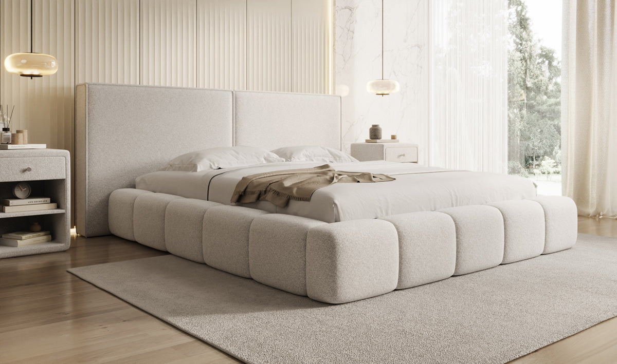 Designer upholstered bed Elise in textured fabric with storage space
